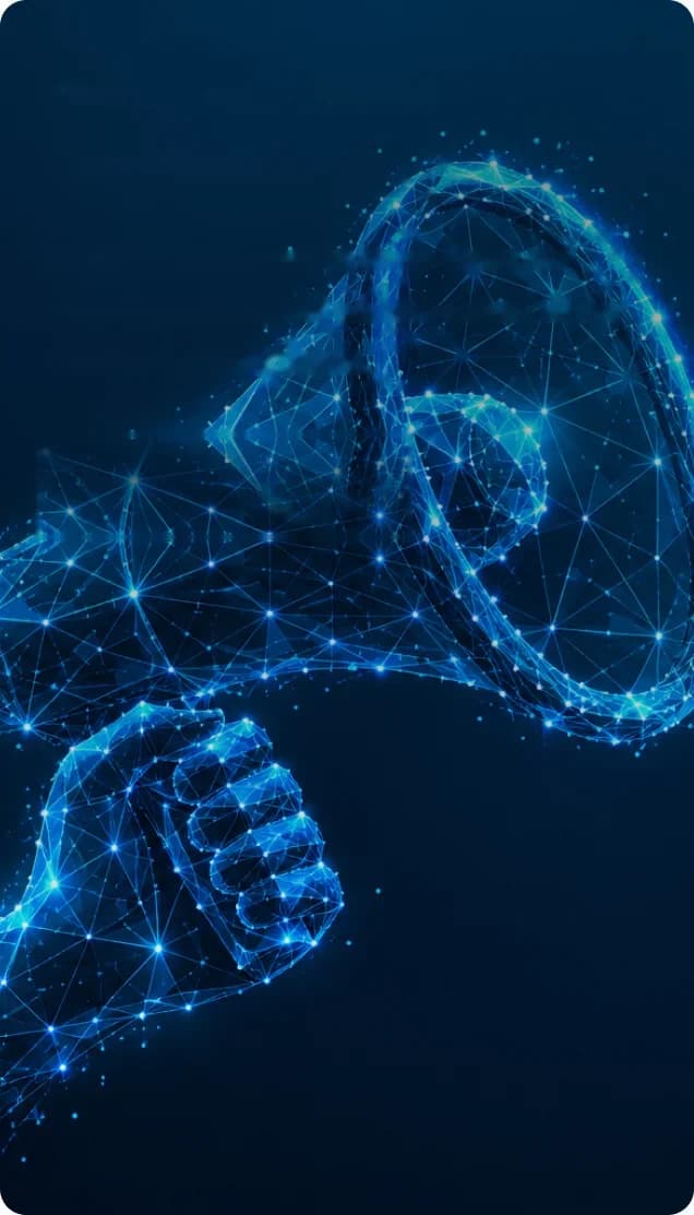 Glowing digital network shaped like a megaphone held in a hand